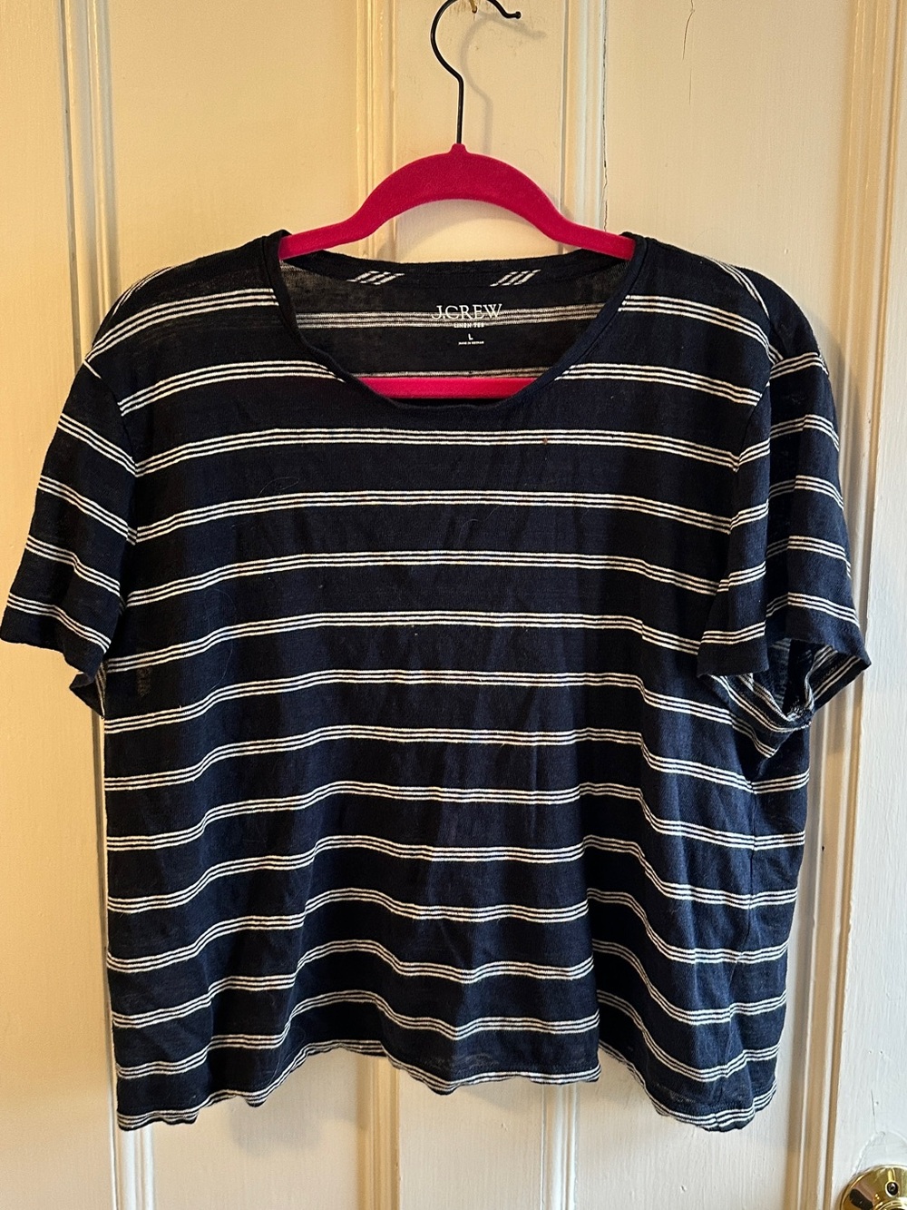 J.Crew Women’s Navy Blue White Striped Linen T-Shirt Size L